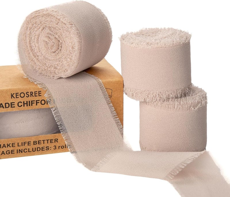 KEOSREE 3 Rolls Light Nude Handmade Chiffon Ribbon,1.5" x 21Yd Light Khaki Frayed Fringe Silk Ribbons (3 Rolls *7Yd) for Gifts Wrapping, Wedding Invitations, Bridal Bouquets, Decorations - Image 1